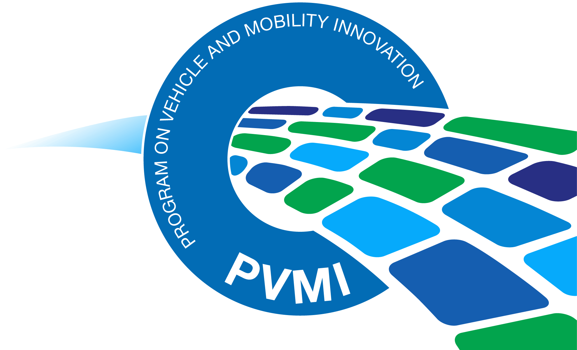 Logo for the Program on Vehicle and Mobility Innovation (PVMI) featuring a blue circle with text and a stylized road design inside.